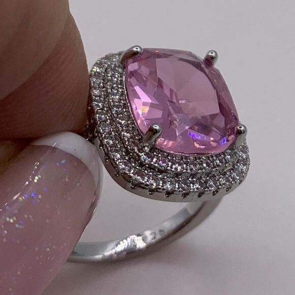Ring, NWOT, solid 925, pink topaz, halo, sz 6 and 9, feminine, classic, - Picture 4 of 15